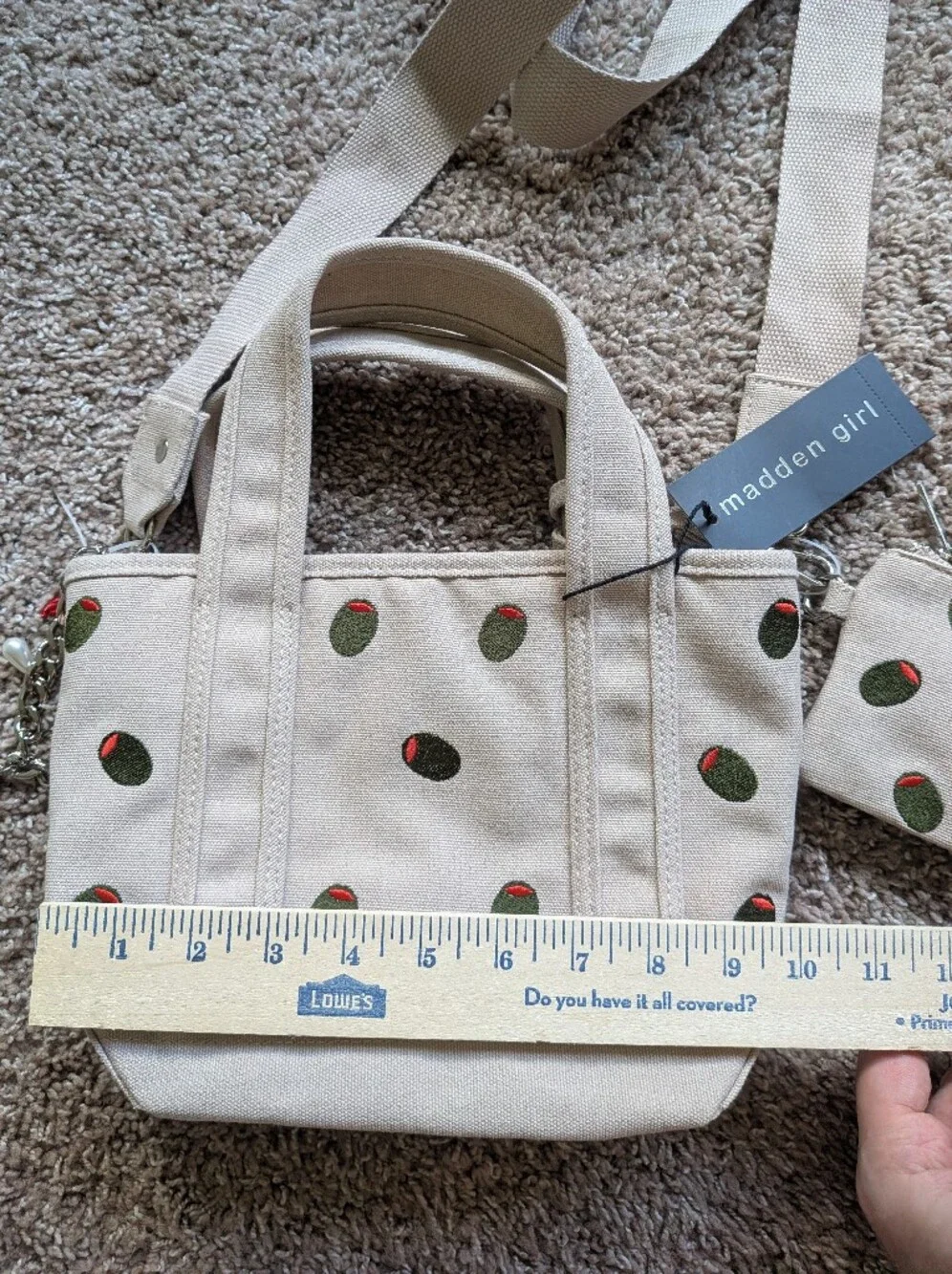 Madden Girl Olive Embroidered Mini Canvas Tote Bag Dual Crossbody And Clutch NWT - Picture 10 of 11